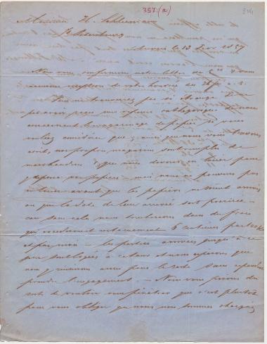 Letter sent by Coomans & Born to Schliemann, Heinrich, 1857