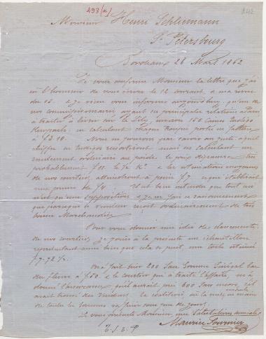 Letter sent by Fournier, Maurice to Schliemann, Heinrich, 1862