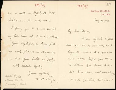 Letter sent by Sayce, Archibald Henry to Schliemann, Heinrich, 1889