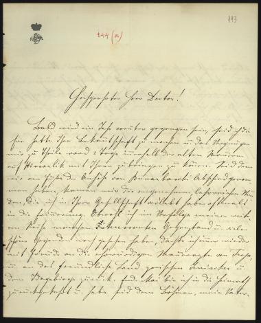 Letter sent by Karl III, Prinz zu Schwarzenberg to Schliemann, Heinrich, 1883