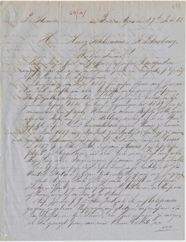 Letter sent by Brakel, Juan R. to Schliemann, Heinrich, 1861