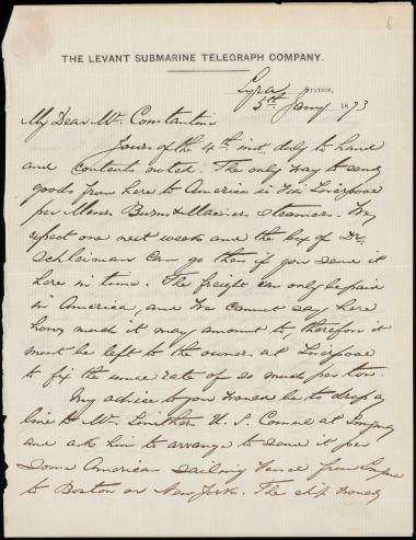 Letter sent by Bismey, W. P. to Constantine, George and [Schliemann, Heinrich] 1873