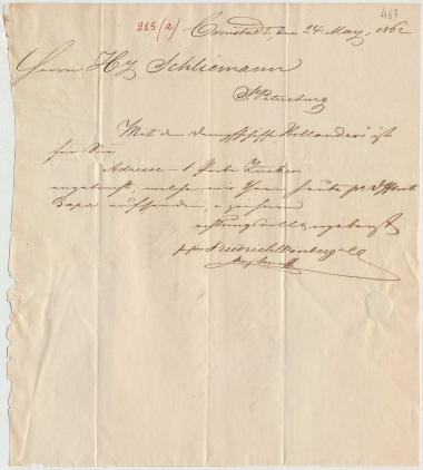 Letter sent by Winberg, Friedrich & Co. to Schliemann, Heinrich, 1862