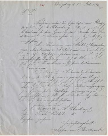 Letter sent by Hoffmann & Burdinski to Schliemann, Heinrich, 1862