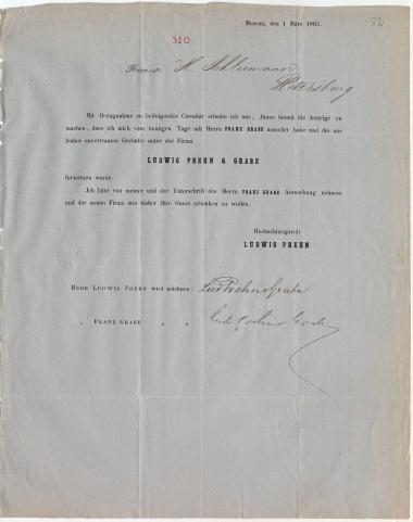 Letter sent by Prehn, Ludwig to Schliemann, Heinrich, 1865