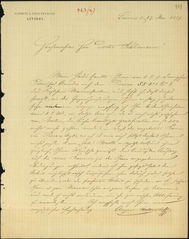 Letter sent by Stoltenhoff, August to Schliemann, Heinrich, 1879