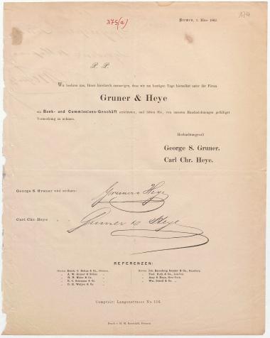 Letter sent by Gruner & Heye to Schliemann, Heinrich, 1862