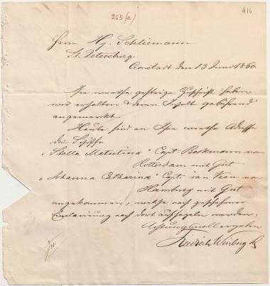 Letter sent by Winberg, Friedrich & Co. to Schliemann, Heinrich, 1860