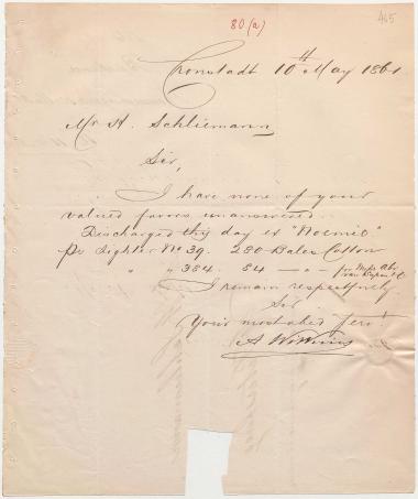 Letter sent by Wilkins, A. to Schliemann, Heinrich, 1861