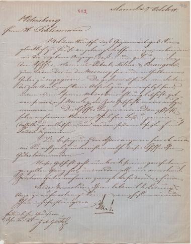 Letter sent by Meyer & Co. to Schliemann, Heinrich, 1854