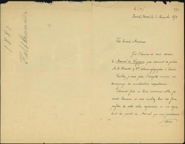 Letter sent by Kaltbrunne, D. to Schliemann, Heinrich, 1878
