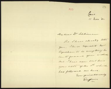 Letter sent by Dufferin, ? to Schliemann, Heinrich, 1882
