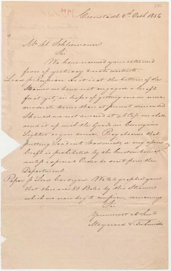 Letter sent by Maynard & Fishwicks to Schliemann, Heinrich, 1856