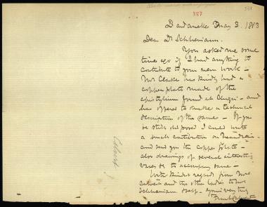 Letter sent by Calvert, Frank to Schliemann, Heinrich, 1883
