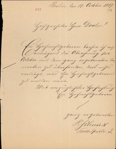 Letter sent by Schmidt, R. to Schliemann, Heinrich, 1887