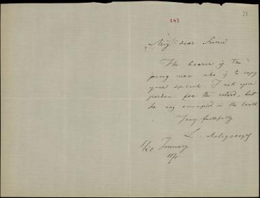 Letter sent by Δεληγεώργης, Λ. to Schliemann, Heinrich, 1875
