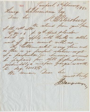Letter sent by Prange & Meyer to Schliemann, Heinrich, 1862
