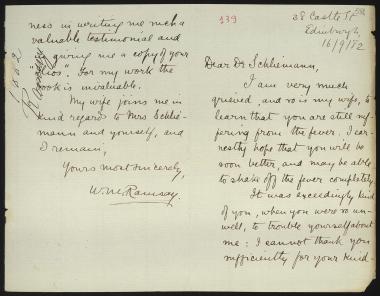 Letter sent by Ramsay, W. M. to Schliemann, Heinrich, 1882