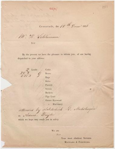Letter sent by Maynard & Fishwicks to Schliemann, Heinrich, 1856