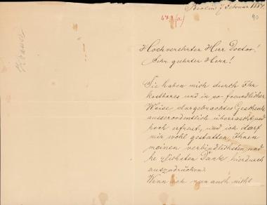 Letter sent by Krause, Eduard to Schliemann, Heinrich, 1884