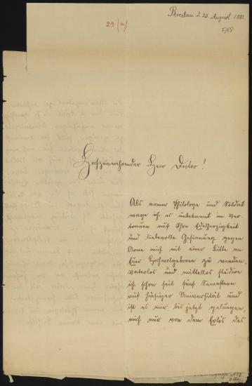 Letter sent by Kroemer, Paul to Schliemann, Heinrich, 1881