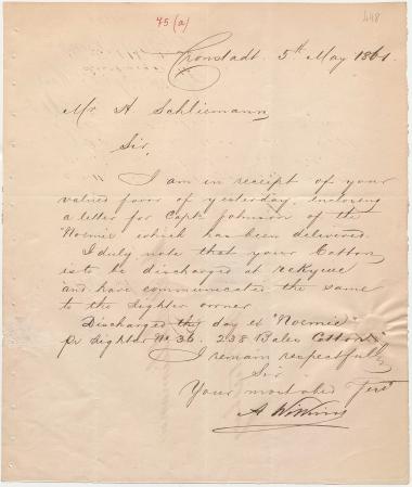 Letter sent by Wilkins, A. to Schliemann, Heinrich, 1861