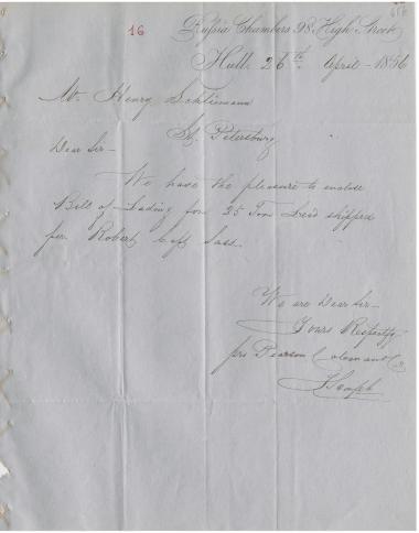 Letter sent by Pearson, Coleman & Co. to Schliemann, Heinrich, 1856