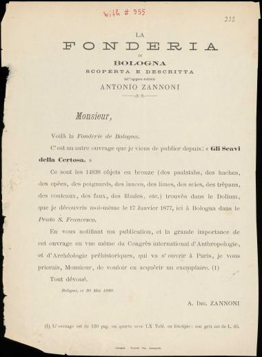 Letter sent by Zannoni, Antonio to Schliemann, Heinrich, 1889