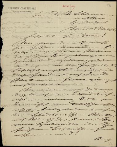 Letter sent by Costenoble, Hermann to Schliemann, Heinrich, 1876