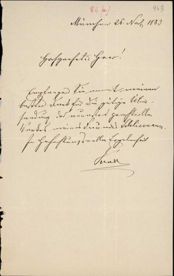 Letter sent by Schels, August to Schliemann, Heinrich, 1883