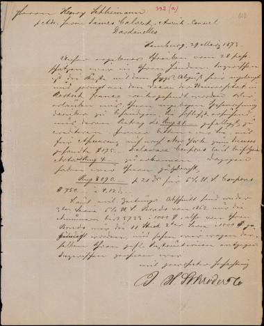 Letter sent by Schröder, Henry J. & Co. to Schliemann, Heinrich, 1873