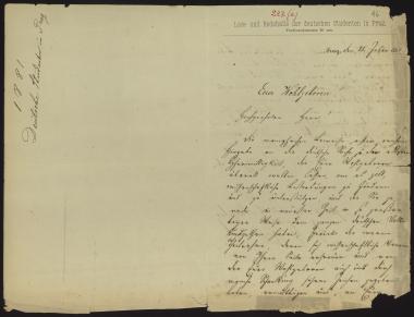 Letter sent by Lese- und Redehalle der deutschen Studenten in Prag to Schliemann, Heinrich, 1881