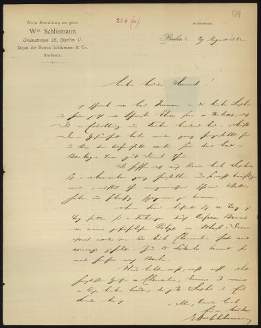 Letter sent by Schliemann, Ernst Wilhelm to Schliemann, Heinrich, 1882