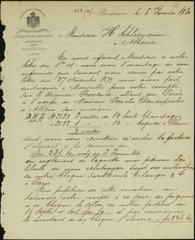 Letter sent by Schultz, Ludolf & Klug to Schliemann, Heinrich, 1880