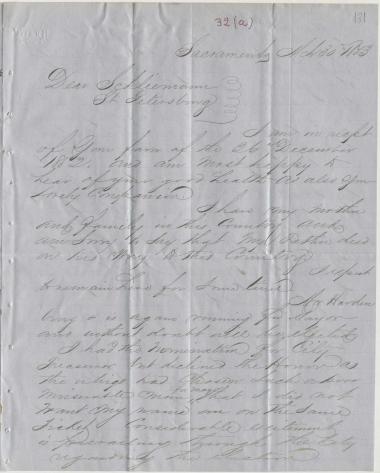 Letter sent by Grim, A. K. to Schliemann, Heinrich, 1853