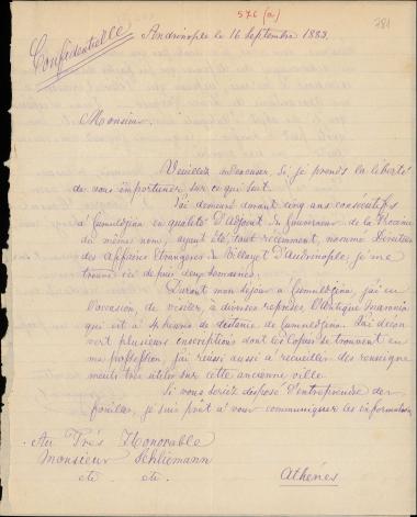 Letter sent by Georgewitz, G. to Schliemann, Heinrich, 1883