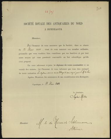 Letter sent by Societé royale des antiquaires du Nord à Copenhague to Schliemann, Heinrich, 1883
