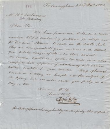 Letter sent by Rabon Bros. & Co. to Schliemann, Heinrich, 1850