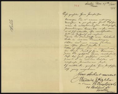 Letter sent by Hahlo, Maurice to Schliemann, Heinrich, 1885