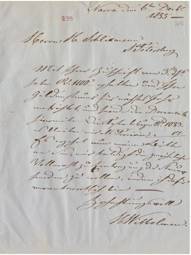 Letter sent by Wibbelmann, Hermann to Schliemann, Heinrich, 1855