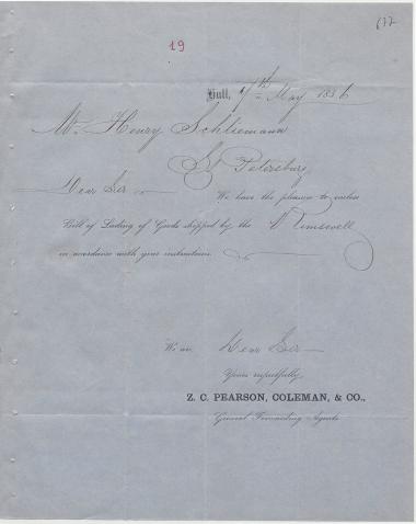 Letter sent by Pearson, Coleman & Co. to Schliemann, Heinrich, 1856