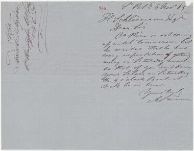 Letter sent by Swann, A. to Schliemann, Heinrich, 1863