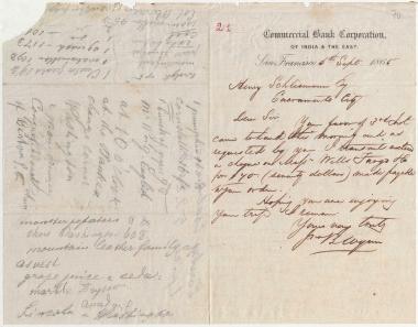 Letter sent by Coyem, J. B. to Schliemann, Heinrich, 1865