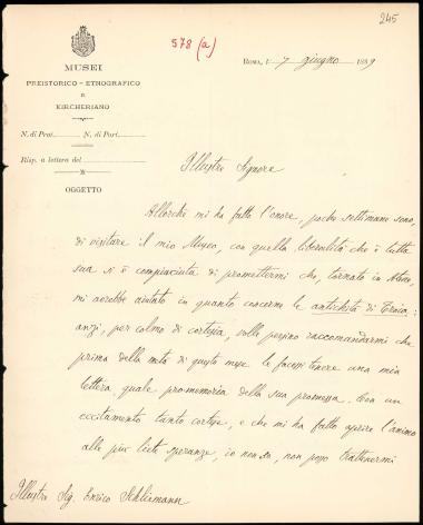 Letter sent by Pigorini, Luigi to Schliemann, Heinrich, 1889