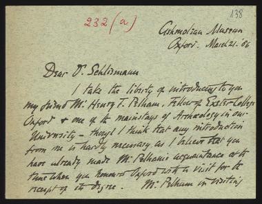 Letter sent by Evans, Arthur J. to Schliemann, Heinrich, 1886