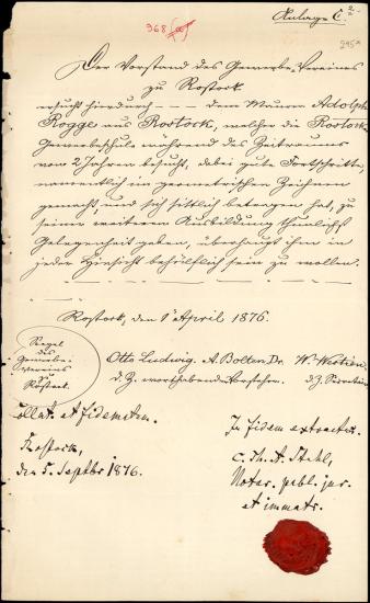 Letter sent by Gewerbe Verein Rostock to Schliemann, Heinrich, 1876