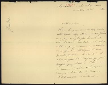 Letter sent by Guedin, E. to Schliemann, Heinrich, 1885