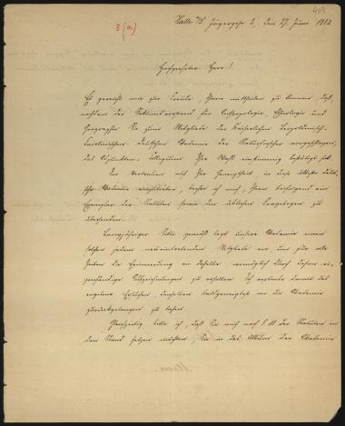 Letter sent by Akademie der Naturforscher to Schliemann, Heinrich, 1882