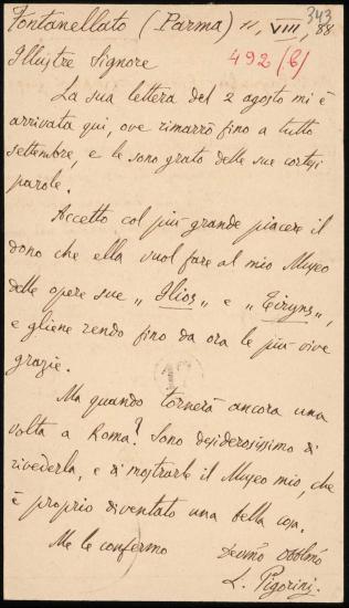 Letter sent by Pigorini, Luigi to Schliemann, Heinrich, 1888