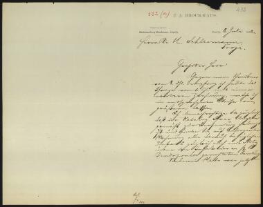 Letter sent by Brockhaus, Friedrich Arnold to Schliemann, Heinrich, 1882